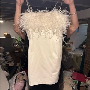 David's Bridal Cream Feathered Wedding Dress